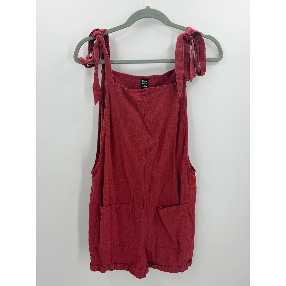 SHEIN Rust Red Cotton Tie Strap Romper Jumper Pockets Size Medium JIT10818830